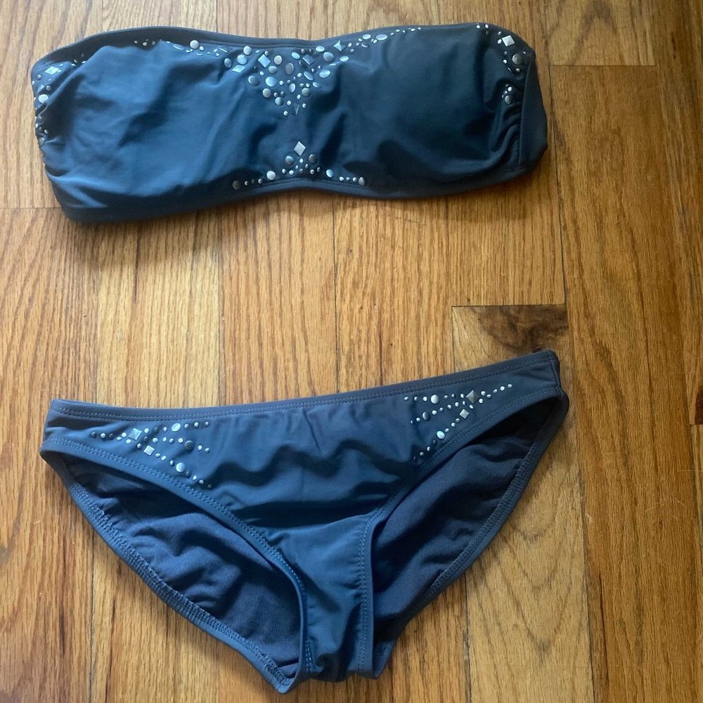 Grey strapless bikini with metallic detailing